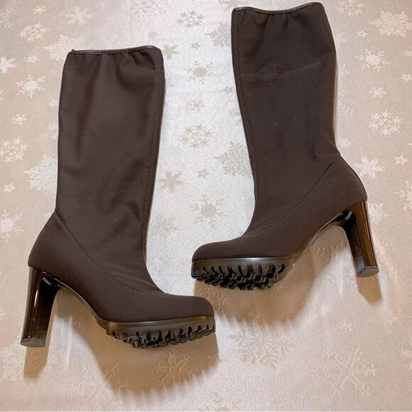 Vincini Tapeet Boots 15” Brown Chunky Sole 3” Heel Made in Italy Sz 6.5 NWOT - Picture 1 of 6